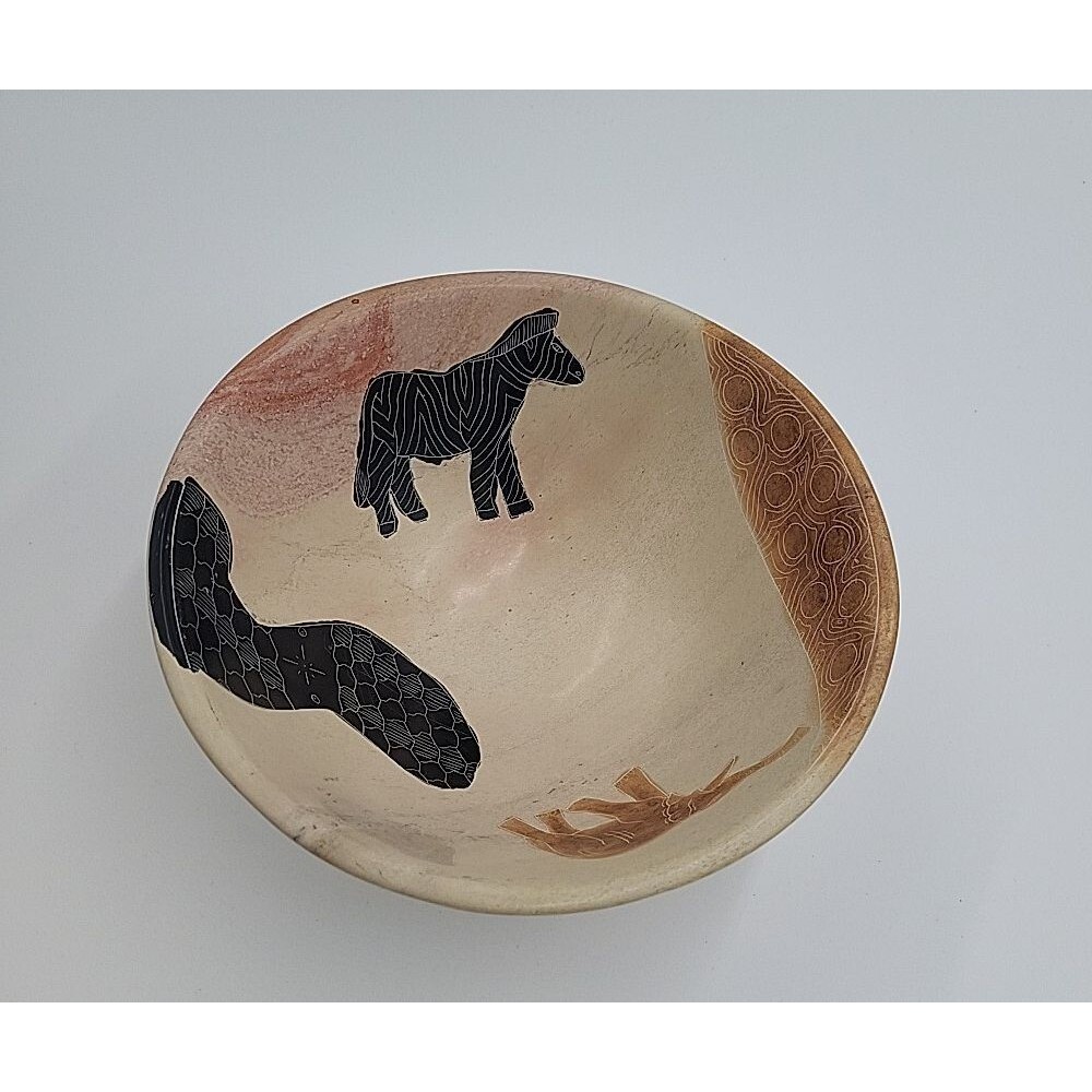 Vtg Kenya Hand Carved Soapstone Hand Painted 8" Bowl Zebra Elephant Snake EUC